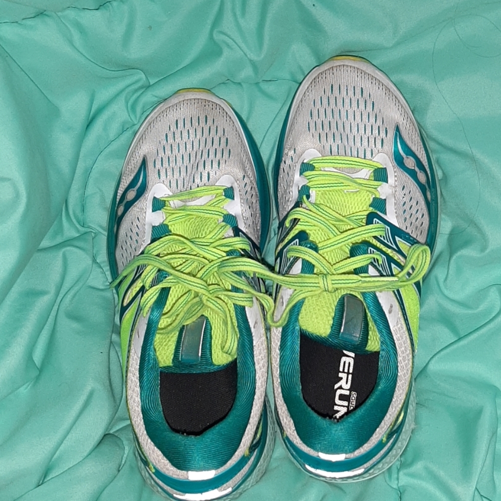 Blue green running shoes